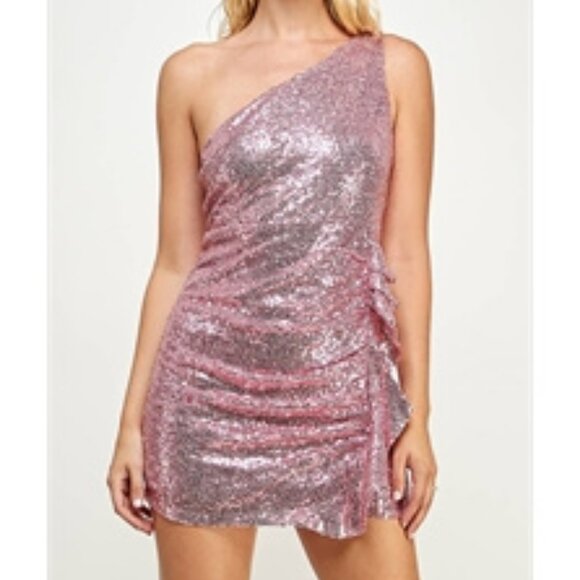 Pink Sequin Mini Dress One Shoulder - Picture 4 of 6